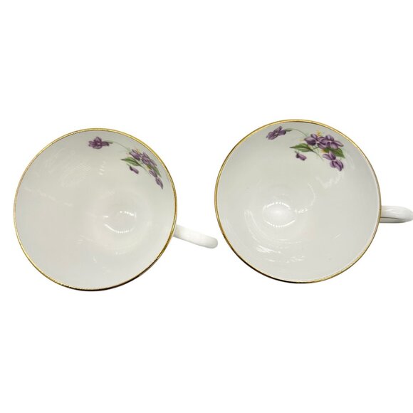 Vintage Queens Royal Bone China Tea Cups Pair Purple Floral Gold Trim England - Picture 6 of 7